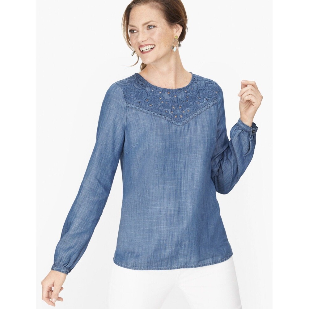 Talbots Plus Shirt Size X (14W-16W) Chambray Denim Blue Embroidered Long Sleeve